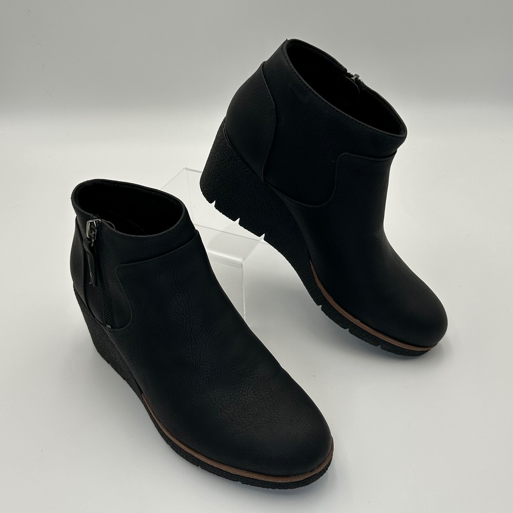 Dr. Scholls Black Wedge Platform Ankle Boots Womens 7.5 Side Zip Booties